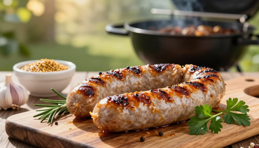 A beautifully grilled kielbasa displayed prominently in the foreground, glistening with a perfectly caramelized golden-brown surface, showcasing rich textures and grill marks. Surrounding the kielbasa are sprigs of fresh herbs, such as rosemary and parsley, enhancing the appetizing appearance. In the middle ground, a rustic wooden cutting board is partially visible, with a small bowl of marinating ingredients – mustard seeds, garlic, and spices – adding to the culinary theme. The background features an outdoor grill, softly blurred, with warm sunlight filtering through tree leaves, creating a relaxed, inviting atmosphere reminiscent of summer barbecues. The composition should evoke a sense of warmth and flavor, inviting viewers to explore the deliciousness of marinating sausage for grilling. The scene should be bright and vibrant, with natural daylight illuminating the dish perfectly.
