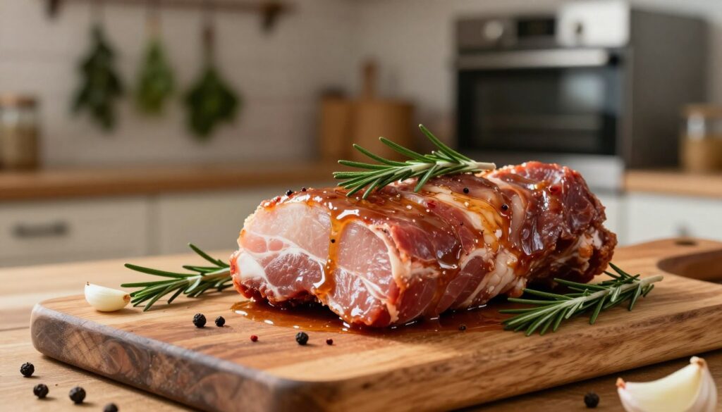 A beautifully marinated piece of karkówka (pork neck) resting on a rustic wooden cutting board in the foreground, showcasing the rich, glossy marinade glistening under soft, warm natural lighting. The pork is garnished with sprigs of fresh rosemary and garlic cloves, hinting at its flavorful preparation. In the middle ground, a variety of spices, including black pepper and paprika, are artistically scattered, highlighting the essential step of marination. The background features a cozy kitchen setting, with herbs hanging from hooks and a faintly blurred oven, suggesting a homey atmosphere of cooking. The composition evokes a sense of comfort and anticipation, perfect for inviting readers into the art of marinating meat. A beautifully marinated piece of karkówka (pork neck) resting on a rustic wooden cutting board in the foreground, showcasing the rich, glossy marinade glistening under soft, warm natural lighting. The pork is garnished with sprigs of fresh rosemary and garlic cloves, hinting at its flavorful preparation. In the middle ground, a variety of spices, including black pepper and paprika, are artistically scattered, highlighting the essential step of marination. The background features a cozy kitchen setting, with herbs hanging from hooks and a faintly blurred oven, suggesting a homey atmosphere of cooking. The composition evokes a sense of comfort and anticipation, perfect for inviting readers into the art of marinating meat.