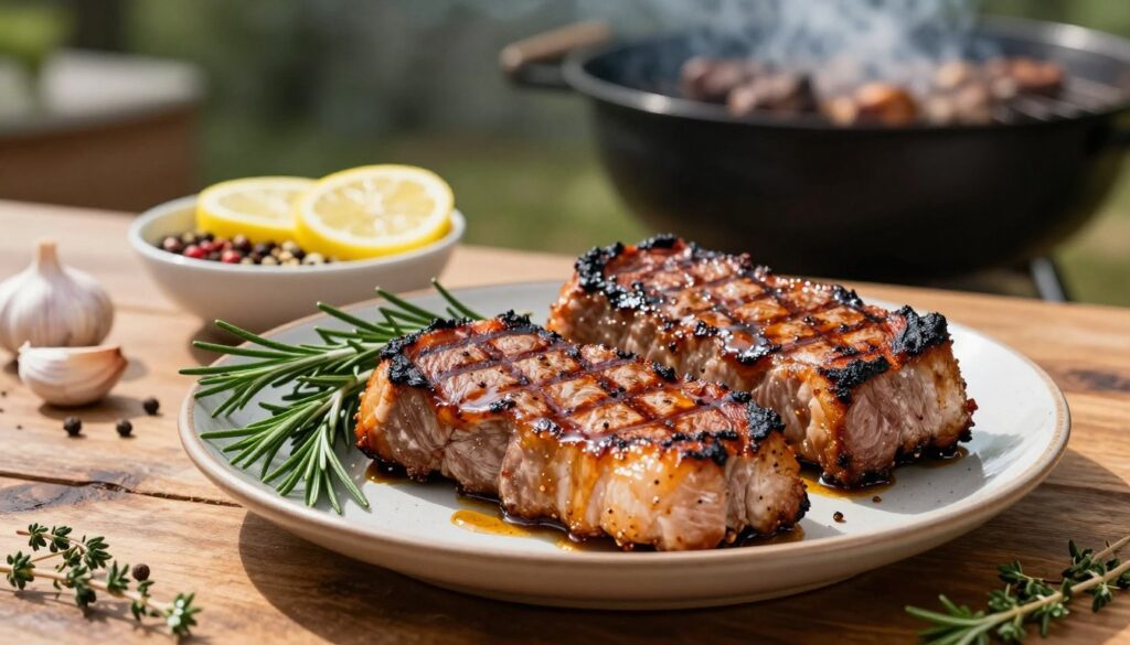 A beautifully plated arrangement of marinated "karkówki" (pork neck steaks) on a rustic wooden table. The foreground features two succulent, grilled steaks glistening with a rich, aromatic marinade, showcasing charred edges and a warm, golden-brown color. Surrounding the steaks, fresh herbs such as rosemary and thyme add vibrant green splashes. In the middle ground, a small bowl filled with marinade ingredients—lemon slices, garlic cloves, and an assortment of colorful spices—provides context to the preparation. The background features a blurred outdoor grill with smoke wafting gently, hinting at a lively cookout atmosphere. The warm, natural lighting enhances the inviting ambiance, casting soft shadows that evoke a sense of comfort and deliciousness. The scene is appetizing and enticing, perfect for illustrating the essence of marinated grilled meat. A beautifully plated arrangement of marinated "karkówki" (pork neck steaks) on a rustic wooden table. The foreground features two succulent, grilled steaks glistening with a rich, aromatic marinade, showcasing charred edges and a warm, golden-brown color. Surrounding the steaks, fresh herbs such as rosemary and thyme add vibrant green splashes. In the middle ground, a small bowl filled with marinade ingredients—lemon slices, garlic cloves, and an assortment of colorful spices—provides context to the preparation. The background features a blurred outdoor grill with smoke wafting gently, hinting at a lively cookout atmosphere. The warm, natural lighting enhances the inviting ambiance, casting soft shadows that evoke a sense of comfort and deliciousness. The scene is appetizing and enticing, perfect for illustrating the essence of marinated grilled meat.