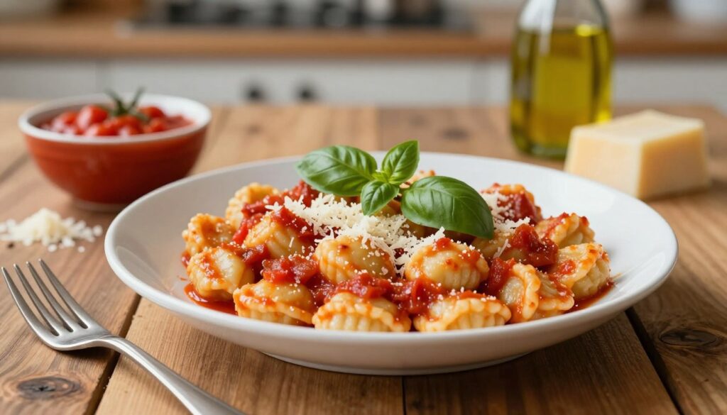 A beautifully plated dish of gnocchi topped with a rich, vibrant tomato sauce, adorned with fresh basil leaves and a sprinkle of grated Parmesan cheese. The gnocchi are soft and pillowy, glistening slightly as they catch the light. In the foreground, a rustic wooden table adds warmth to the scene, with a blurred fork resting beside the dish, hinting at a casual dining experience. In the middle ground, a small bowl of extra tomato sauce and additional grated cheese create a sense of abundance. The background features a softly lit kitchen setting, with herbs and olive oil in the soft focus, enhancing the home-cooked atmosphere. The lighting is warm and inviting, creating an appetizing mood that draws the viewer’s eye to the delicious gnocchi dish. A beautifully plated dish of gnocchi topped with a rich, vibrant tomato sauce, adorned with fresh basil leaves and a sprinkle of grated Parmesan cheese. The gnocchi are soft and pillowy, glistening slightly as they catch the light. In the foreground, a rustic wooden table adds warmth to the scene, with a blurred fork resting beside the dish, hinting at a casual dining experience. In the middle ground, a small bowl of extra tomato sauce and additional grated cheese create a sense of abundance. The background features a softly lit kitchen setting, with herbs and olive oil in the soft focus, enhancing the home-cooked atmosphere. The lighting is warm and inviting, creating an appetizing mood that draws the viewer’s eye to the delicious gnocchi dish.