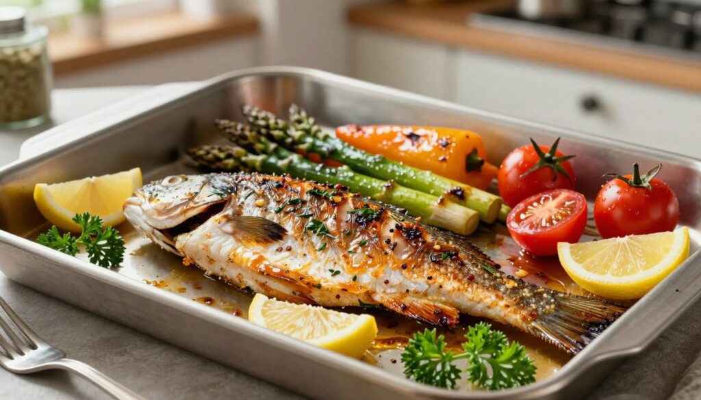 A beautifully plated roasted fish, glistening with herbs and spices, laid on a shiny silver baking sheet, garnished with lemon wedges and fresh parsley. The fish is presented in the foreground, showcasing its crispy skin and flaky texture. In the middle ground, vibrant side vegetables like asparagus, cherry tomatoes, and bell peppers, lightly roasted and bursting with color, complement the dish symmetrically. The background features a softly blurred rustic kitchen setting with warm, natural lighting flooding in, creating an inviting atmosphere. The image captures a sense of culinary delight and homeliness, perfect for a delicious dining experience. The angle is slightly elevated, allowing for a comprehensive view of the fish and its accompanying vegetables. A beautifully plated roasted fish, glistening with herbs and spices, laid on a shiny silver baking sheet, garnished with lemon wedges and fresh parsley. The fish is presented in the foreground, showcasing its crispy skin and flaky texture. In the middle ground, vibrant side vegetables like asparagus, cherry tomatoes, and bell peppers, lightly roasted and bursting with color, complement the dish symmetrically. The background features a softly blurred rustic kitchen setting with warm, natural lighting flooding in, creating an inviting atmosphere. The image captures a sense of culinary delight and homeliness, perfect for a delicious dining experience. The angle is slightly elevated, allowing for a comprehensive view of the fish and its accompanying vegetables.