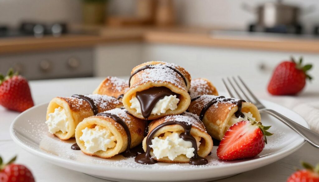 A beautifully plated serving of delicious sweet pancakes (naleśniki) filled with creamy cottage cheese and rich dark chocolate. The foreground features a stack of golden-brown naleśniki, elegantly rolled and slightly dusted with powdered sugar, surrounded by a drizzle of melted chocolate and fresh strawberries. The middle section shows a vibrant white plate that enhances the colors of the dish, while a fork rests beside it, ready to take a bite. The background is softly blurred, hinting at a cozy kitchen environment with warm, inviting lighting that creates a delightful atmosphere. The scene should evoke a sense of indulgence and comfort, perfect for a sweet treat. Use a shallow depth of field to focus on the pancakes and create a soft bokeh effect in the background.