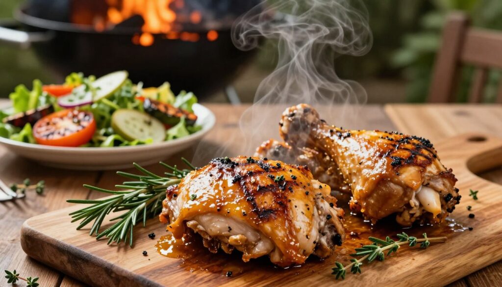 A beautifully presented grilled chicken showcasing appetizing marinated pieces, steam wafting gently in the air. In the foreground, succulent chicken thighs and drumsticks, glistening with a golden-brown marinade, surrounded by vibrant sprigs of fresh herbs like rosemary and thyme. The middle ground features a rustic wooden table, alongside a vibrant salad and grilled vegetables that complement the dish. In the background, a warm, glowing barbecue grill with embers softly glowing, hinting at a casual outdoor setting. The lighting is warm and inviting, evoking a cozy atmosphere, captured from a slightly angled top-down perspective to highlight the delicious textures and colors. A beautifully presented grilled chicken showcasing appetizing marinated pieces, steam wafting gently in the air. In the foreground, succulent chicken thighs and drumsticks, glistening with a golden-brown marinade, surrounded by vibrant sprigs of fresh herbs like rosemary and thyme. The middle ground features a rustic wooden table, alongside a vibrant salad and grilled vegetables that complement the dish. In the background, a warm, glowing barbecue grill with embers softly glowing, hinting at a casual outdoor setting. The lighting is warm and inviting, evoking a cozy atmosphere, captured from a slightly angled top-down perspective to highlight the delicious textures and colors.