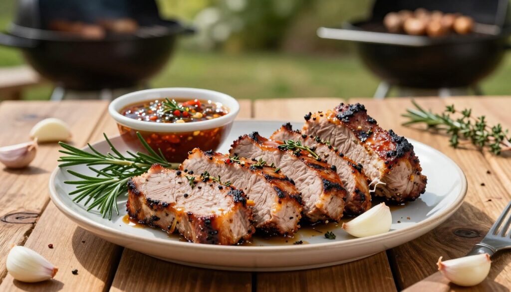 A beautifully presented plate of grilled pork neck slices, marinated with aromatic herbs and spices, glistening with a savory glaze. The foreground features the succulent, tender meat, sliced at an angle to showcase its juicy interior. Surrounding the pork are vibrant sprigs of rosemary, thyme, and garlic cloves, emphasizing freshness. In the middle, a rustic wooden table displays a small bowl of homemade marinade, rich in colors and textures, hinting at its secret ingredients. The background features a warm, softly lit outdoor grilling area, with hints of greenery and grilling tools blurred for depth. The atmosphere is inviting and warm, evoking the joy of a summer cookout, with sunlight casting gentle shadows on the table. A beautifully presented plate of grilled pork neck slices, marinated with aromatic herbs and spices, glistening with a savory glaze. The foreground features the succulent, tender meat, sliced at an angle to showcase its juicy interior. Surrounding the pork are vibrant sprigs of rosemary, thyme, and garlic cloves, emphasizing freshness. In the middle, a rustic wooden table displays a small bowl of homemade marinade, rich in colors and textures, hinting at its secret ingredients. The background features a warm, softly lit outdoor grilling area, with hints of greenery and grilling tools blurred for depth. The atmosphere is inviting and warm, evoking the joy of a summer cookout, with sunlight casting gentle shadows on the table.