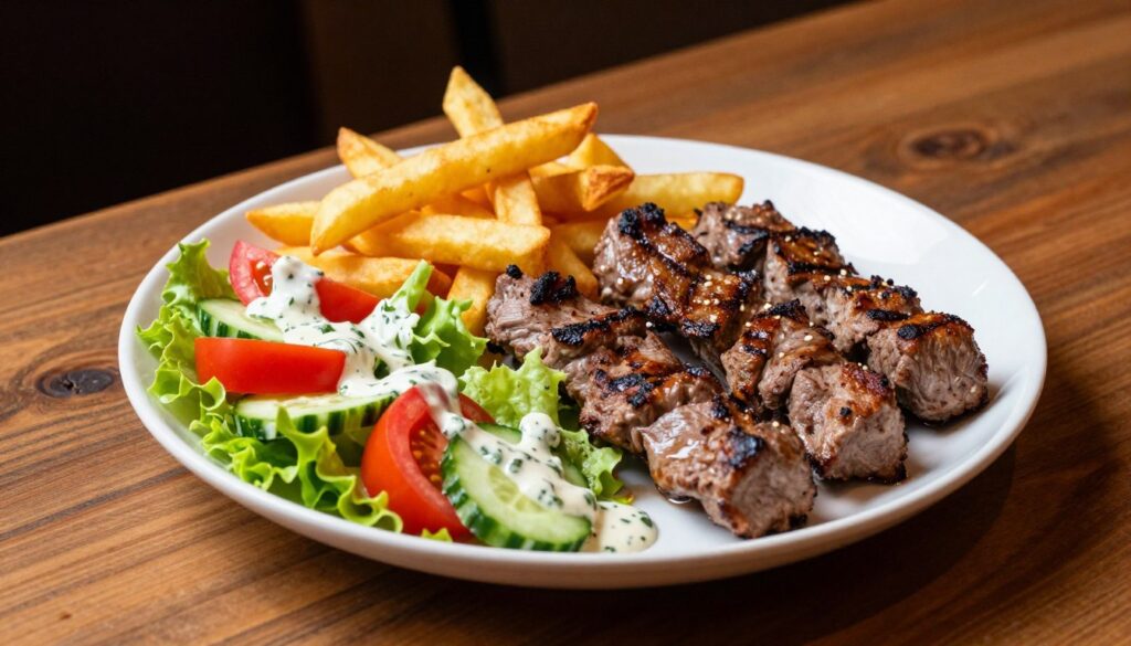 A beautifully presented plate of kebab on a rustic wooden table, showcasing juicy, perfectly grilled pieces of marinated meat served with a generous side of golden, crispy fries. Accompanying the kebab are fresh, colorful salad ingredients like shredded lettuce, diced tomatoes, and cucumber, arranged artfully on the plate, and drizzled with a creamy, herb-infused sauce. The lighting is warm and inviting, reminiscent of a cozy restaurant atmosphere, casting soft shadows and highlighting the textures of the food. The angle is a slightly elevated view, focusing on the vibrant colors and appetizing details of the dish while keeping the background softly blurred to enhance the main subject. The mood evokes a sense of indulgence while subtly suggesting healthy modifications.