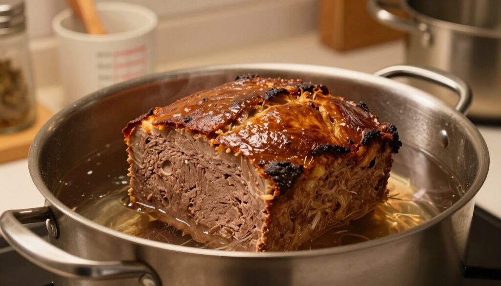 A beautifully presented water bath with a loaf of rich meat pâté placed in the center. The pâté is perfectly browned on top, showcasing a moist and succulent texture. Surrounding the pâté is a gently simmering pot of water, filled halfway to create an effective water bath. The kitchen setting features warm, soft lighting that highlights the delicious sheen on the pâté, enhancing its appetizing appearance. In the background, kitchen utensils like measuring cups and pots are blurred slightly to emphasize the pâté as the focal point. The overall atmosphere is warm and inviting, conveying a sense of culinary expertise and comfort in home cooking. The angle is slightly overhead to capture both the pâté and the water bath’s inviting details, creating a harmonious scene of fine cooking techniques.