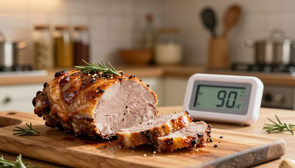 A beautifully roasted pork neck (karkówka pieczona) glistening with a golden-brown crust sits on a rustic wooden cutting board in the foreground. The meat is sliced to reveal tender, juicy interior with herbs and spices sprinkled on top, including garlic and rosemary. In the middle ground, a digital kitchen thermometer displays the ideal temperature for cooking, enhancing the focus on achieving juicy perfection. In the background, a softly lit kitchen ambiance with blurred shelves of spices and cooking utensils creates a warm, inviting atmosphere. The lighting is warm, with soft shadows highlighting the textures of the meat and cutting board, evoking a sense of home-cooked comfort. Use a shallow depth of field to emphasize the pork neck while subtly blurring the background. A beautifully roasted pork neck (karkówka pieczona) glistening with a golden-brown crust sits on a rustic wooden cutting board in the foreground. The meat is sliced to reveal tender, juicy interior with herbs and spices sprinkled on top, including garlic and rosemary. In the middle ground, a digital kitchen thermometer displays the ideal temperature for cooking, enhancing the focus on achieving juicy perfection. In the background, a softly lit kitchen ambiance with blurred shelves of spices and cooking utensils creates a warm, inviting atmosphere. The lighting is warm, with soft shadows highlighting the textures of the meat and cutting board, evoking a sense of home-cooked comfort. Use a shallow depth of field to emphasize the pork neck while subtly blurring the background.