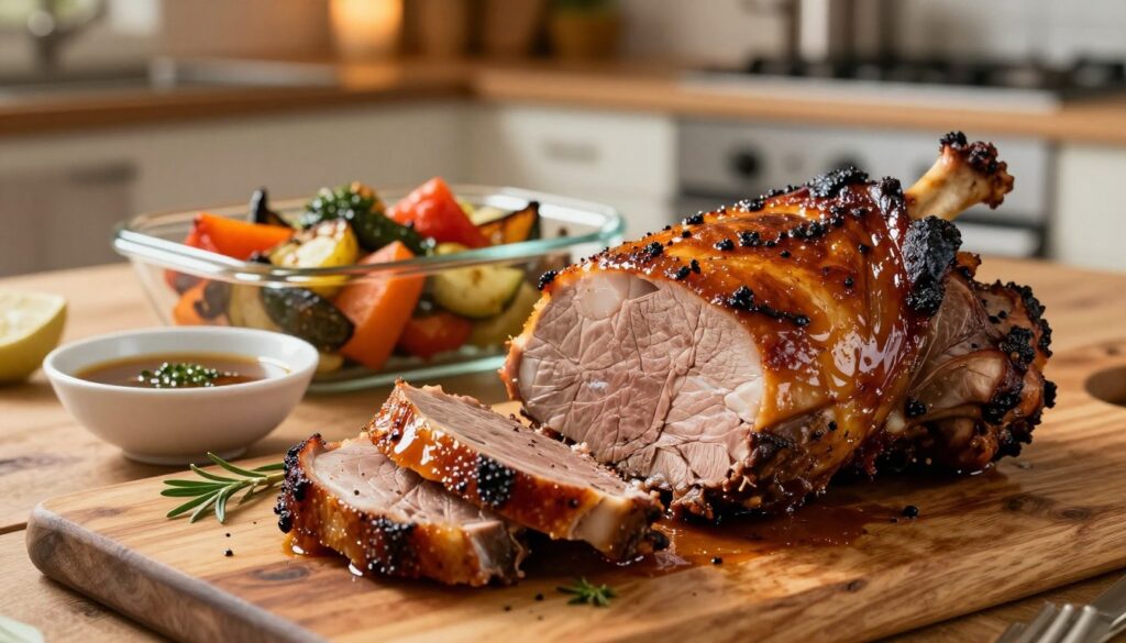 A beautifully roasted pork neck (karkówka) placed prominently on a rustic wooden table. In the foreground, the golden-brown, perfectly caramelized meat glistens with its rich marinade, showcasing a succulent texture. Juicy slices are artistically arranged next to a small bowl of aromatic marinade and fresh herbs. In the middle ground, a glass dish filled with roasted vegetables adds vibrant colors, enhancing the dish’s appeal. In the background, a warm kitchen setting with soft, ambient lighting creates an inviting atmosphere, hinting at a cozy home cooking experience. The scene is captured from a slightly elevated angle to emphasize the textures and details of the food, evoking a sense of warmth and home-cooked comfort.