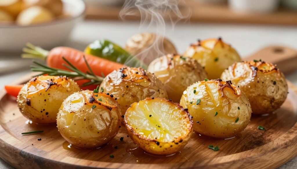 A beautifully roasted potato dish, showcasing golden-brown, crispy-skinned potatoes arranged artfully on a rustic wooden platter. In the foreground, the focus captures the texture of the crispy skin glistening with just a hint of olive oil, complemented by a sprinkle of fresh herbs like rosemary or parsley. In the middle ground, blurred roasted vegetables like carrots and bell peppers provide color and variety, while hints of steam rising from the potatoes add warmth. Soft, natural lighting illuminates the scene, creating a cozy atmosphere. In the background, a softly blurred kitchen setting with warm tones enhances the homely feel. The angle is slightly above, giving a clear view of the potatoes' texture, while ensuring the entire composition evokes a sense of comfort and culinary delight. A beautifully roasted potato dish, showcasing golden-brown, crispy-skinned potatoes arranged artfully on a rustic wooden platter. In the foreground, the focus captures the texture of the crispy skin glistening with just a hint of olive oil, complemented by a sprinkle of fresh herbs like rosemary or parsley. In the middle ground, blurred roasted vegetables like carrots and bell peppers provide color and variety, while hints of steam rising from the potatoes add warmth. Soft, natural lighting illuminates the scene, creating a cozy atmosphere. In the background, a softly blurred kitchen setting with warm tones enhances the homely feel. The angle is slightly above, giving a clear view of the potatoes' texture, while ensuring the entire composition evokes a sense of comfort and culinary delight.