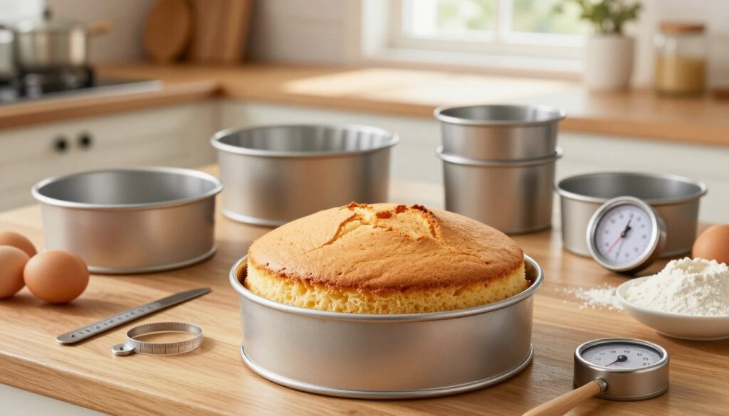 A beautifully styled baking scene featuring a freshly baked sponge cake, elegantly placed in the center of a wooden kitchen countertop. In the foreground, a large round cake is nestled in a light-colored round cake pan, showcasing its fluffy texture and golden crust. Beside the cake, measuring tools and temperature indicators emphasize the importance of baking temperature. In the middle ground, various cake pans of different sizes are displayed, illustrating the concept of adjusting baking temperatures. The background features a cozy kitchen with warm, natural lighting streaming in through a window, enhancing the inviting atmosphere. A few decorative baking ingredients, like eggs and flour, are scattered artistically to enhance the culinary theme. The scene conveys a warm, inspiring mood focused on the art of baking. A beautifully styled baking scene featuring a freshly baked sponge cake, elegantly placed in the center of a wooden kitchen countertop. In the foreground, a large round cake is nestled in a light-colored round cake pan, showcasing its fluffy texture and golden crust. Beside the cake, measuring tools and temperature indicators emphasize the importance of baking temperature. In the middle ground, various cake pans of different sizes are displayed, illustrating the concept of adjusting baking temperatures. The background features a cozy kitchen with warm, natural lighting streaming in through a window, enhancing the inviting atmosphere. A few decorative baking ingredients, like eggs and flour, are scattered artistically to enhance the culinary theme. The scene conveys a warm, inspiring mood focused on the art of baking.