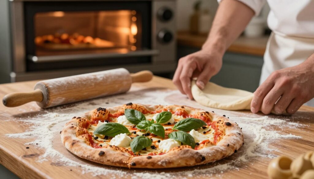 A beautifully styled kitchen scene showcasing techniques for achieving a crispy pizza crust. In the foreground, a freshly baked pizza with a golden-brown, crunchy crust, garnished with vibrant toppings like fresh basil and mozzarella. In the middle ground, a rolling pin and flour-covered surface indicate preparation, with a hand gently shaping pizza dough. The background features an oven with a glowing interior, emphasizing high baking temperatures, and a rustic wooden countertop. Soft, warm lighting highlights the textures of the crust and ingredients, creating a cozy, inviting atmosphere. Capture the essence of culinary mastery, with a focus on the detailed craftsmanship involved in creating the perfect pizza crust. A beautifully styled kitchen scene showcasing techniques for achieving a crispy pizza crust. In the foreground, a freshly baked pizza with a golden-brown, crunchy crust, garnished with vibrant toppings like fresh basil and mozzarella. In the middle ground, a rolling pin and flour-covered surface indicate preparation, with a hand gently shaping pizza dough. The background features an oven with a glowing interior, emphasizing high baking temperatures, and a rustic wooden countertop. Soft, warm lighting highlights the textures of the crust and ingredients, creating a cozy, inviting atmosphere. Capture the essence of culinary mastery, with a focus on the detailed craftsmanship involved in creating the perfect pizza crust.