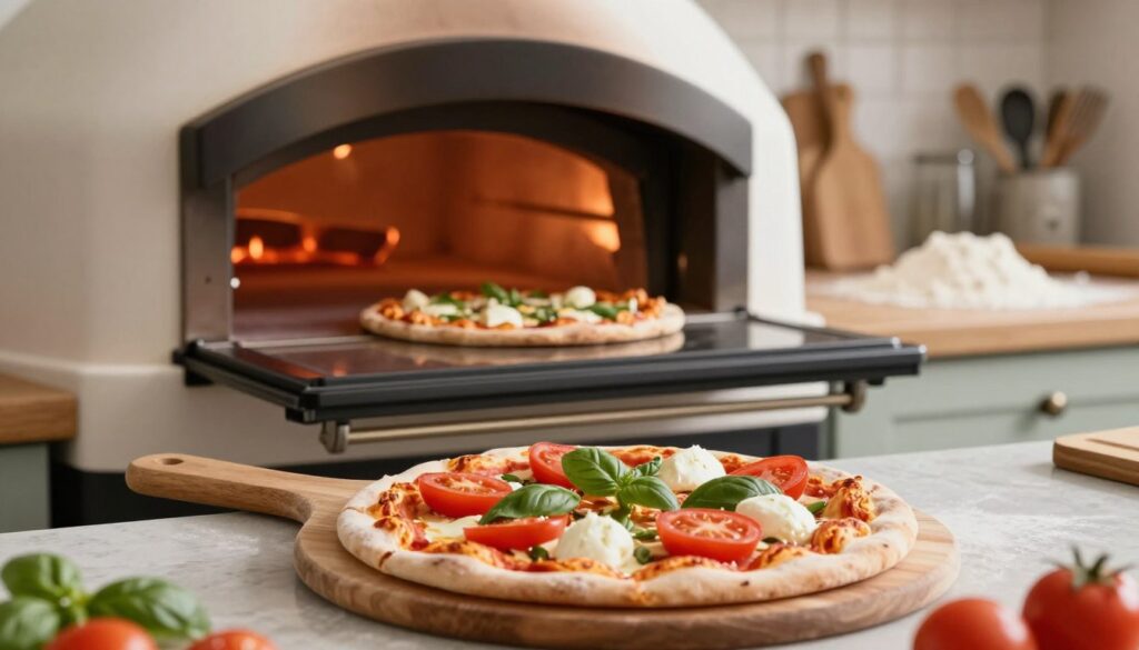 A beautifully styled kitchen setting where a homemade pizza is placed in a traditional oven. In the foreground, a fresh pizza topped with vibrant ingredients like ripe tomatoes, fresh basil, and mozzarella cheese is prominently featured on a wooden pizza peel. In the middle, the oven door is slightly open, showcasing the glowing embers inside, indicating a high temperature for baking. The background reveals a cozy kitchen atmosphere with warm lighting, showcasing a countertop filled with flour and utensils, highlighting the artistry of pizza-making. The overall mood is inviting and culinary-focused, emphasizing the importance of baking temperature and time. Soft focus on the details of the pizza and oven, with clear, warm colors that enhance the inviting feel of the cooking environment. A beautifully styled kitchen setting where a homemade pizza is placed in a traditional oven. In the foreground, a fresh pizza topped with vibrant ingredients like ripe tomatoes, fresh basil, and mozzarella cheese is prominently featured on a wooden pizza peel. In the middle, the oven door is slightly open, showcasing the glowing embers inside, indicating a high temperature for baking. The background reveals a cozy kitchen atmosphere with warm lighting, showcasing a countertop filled with flour and utensils, highlighting the artistry of pizza-making. The overall mood is inviting and culinary-focused, emphasizing the importance of baking temperature and time. Soft focus on the details of the pizza and oven, with clear, warm colors that enhance the inviting feel of the cooking environment.