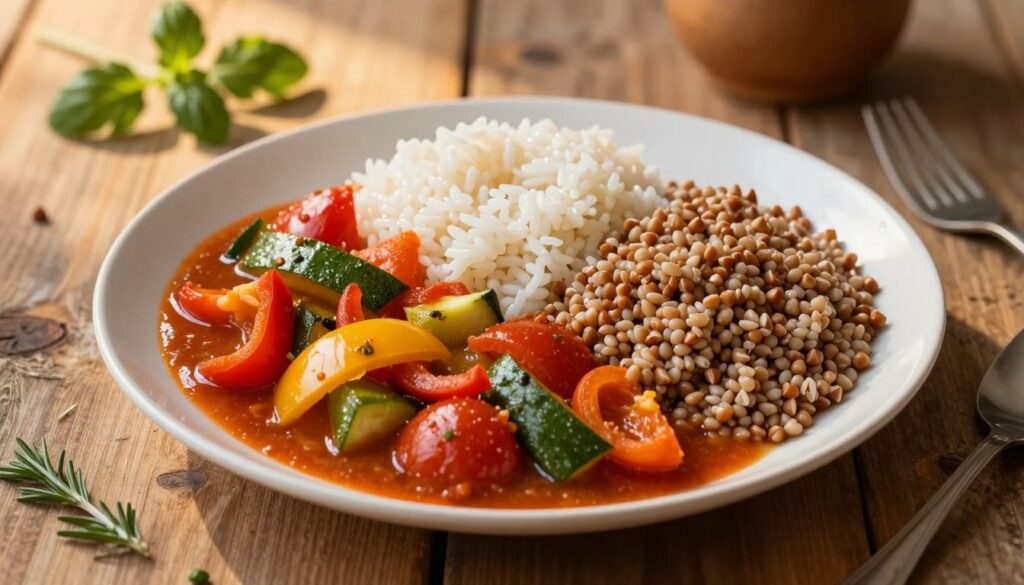 A beautifully styled plate featuring a vibrant serving of leczo, a rich Hungarian vegetable stew, showcasing colorful bell peppers, zucchini, and tomatoes. On one side, a mound of fluffy cooked rice glistens under soft natural lighting, while on the other, a serving of nutty, textured kasza (buckwheat) provides a contrasting earthy tone. The background features a rustic wooden table setting, with a few fresh herbs scattered around for an inviting touch. A warm, cozy atmosphere envelops the scene, enhanced by golden-hour lighting casting gentle shadows. The angle captures the textures of both the food and the environment, emphasizing the delicious contrast between rice and kasza as ideal carbohydrate bases for the leczo dish.