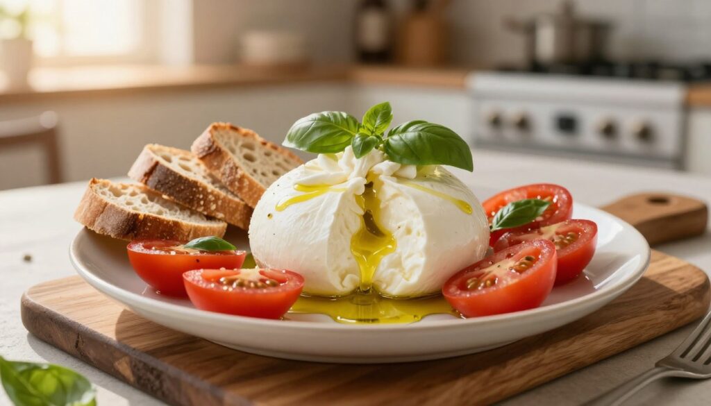 A beautifully styled plate featuring fresh burrata cheese as the focal point, oozing creamy texture. Surround the cheese with vibrant slices of ripe tomatoes, fresh basil leaves, and a drizzle of high-quality olive oil. Include a rustic wooden board as the base, with artisan bread slices elegantly arranged next to the burrata. The setting is softly lit, capturing the warm glow of late afternoon sunlight. Use a shallow depth of field to keep the focus on the burrata while slightly blurring the background, which includes a hint of a charming Italian kitchen. The overall mood should convey a sense of inviting sophistication, perfect for a delightful culinary experience.