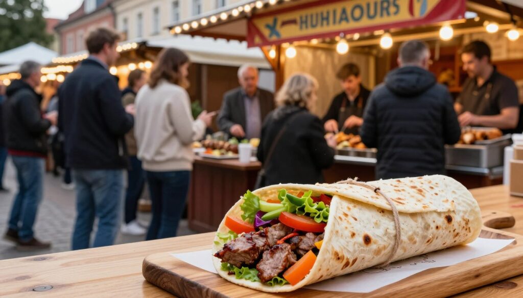 A bustling street market scene in Poland, showcasing the popularity of kebab. In the foreground, an appetizing kebab wrap is displayed on a wooden table, filled with fresh vegetables and glistening meat, with vibrant colors highlighting its appeal. In the middle ground, a diverse group of people dressed in smart casual attire are engaging around a food stall, animatedly discussing and enjoying their kebabs, reflecting a lively atmosphere. The background features charming market stalls with colorful banners and twinkling lights, creating a warm and inviting ambiance. Soft, warm lighting enhances the scene, capturing the essence of late afternoon. The perspective is slightly elevated, giving a clear view of both the food and the social interaction, evoking a sense of community and enjoyment.