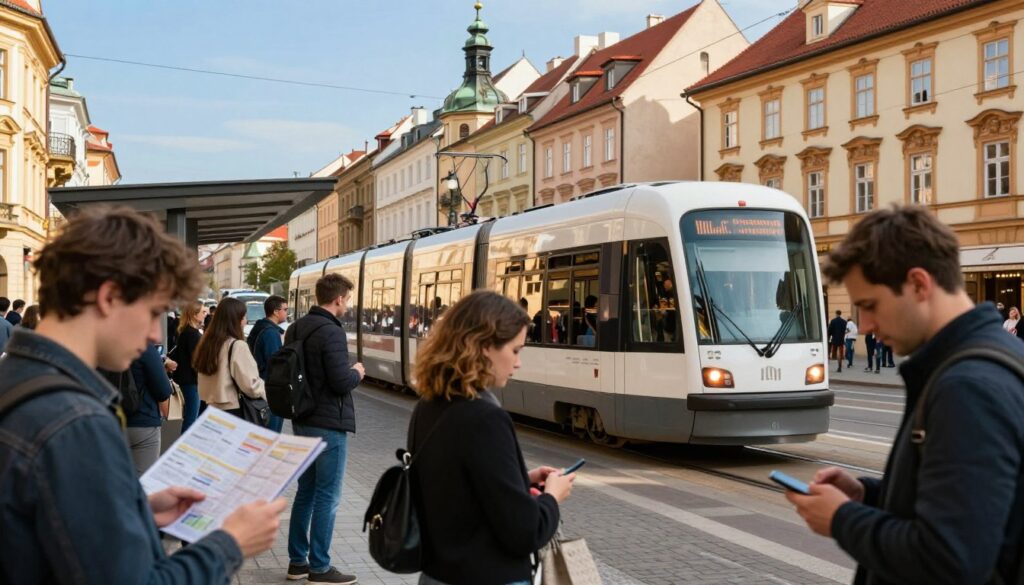 A bustling urban public transport scene in Prague, showcasing a modern tram setting off from a stop with commuters in smart casual attire waiting to board. The foreground features a diverse group of people, including a person reading a transit map and another checking a smartphone for directions. In the middle ground, a sleek tram glides along the tracks, displaying the city’s landmarks in soft focus, such as the iconic Charles Bridge. The background reveals colorful old buildings reflecting the city's rich architecture under a clear blue sky, with warm sunlight casting gentle shadows. The atmosphere is lively and dynamic, evoking a sense of connectivity and exploration in the vibrant heart of the city. A bustling urban public transport scene in Prague, showcasing a modern tram setting off from a stop with commuters in smart casual attire waiting to board. The foreground features a diverse group of people, including a person reading a transit map and another checking a smartphone for directions. In the middle ground, a sleek tram glides along the tracks, displaying the city’s landmarks in soft focus, such as the iconic Charles Bridge. The background reveals colorful old buildings reflecting the city's rich architecture under a clear blue sky, with warm sunlight casting gentle shadows. The atmosphere is lively and dynamic, evoking a sense of connectivity and exploration in the vibrant heart of the city.