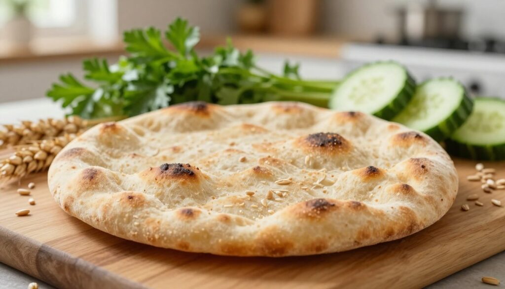 A close-up of a freshly baked whole grain pita bread, showcasing its rustic, textured surface with golden-brown hues and a slightly puffed appearance. In the foreground, the pita rests on a wooden cutting board, surrounded by a scattering of grains like wheat and oats, emphasizing its healthy ingredients. In the middle ground, there are vibrant green garnishes such as fresh parsley and sliced cucumbers, adding a refreshing contrast. The background subtly includes a blurred kitchen setting with warm, natural light streaming in through a window, creating an inviting and wholesome atmosphere. Soft shadows highlight the pita's contours, enhancing its inviting texture while conveying an overall mood of health-conscious enjoyment. A close-up of a freshly baked whole grain pita bread, showcasing its rustic, textured surface with golden-brown hues and a slightly puffed appearance. In the foreground, the pita rests on a wooden cutting board, surrounded by a scattering of grains like wheat and oats, emphasizing its healthy ingredients. In the middle ground, there are vibrant green garnishes such as fresh parsley and sliced cucumbers, adding a refreshing contrast. The background subtly includes a blurred kitchen setting with warm, natural light streaming in through a window, creating an inviting and wholesome atmosphere. Soft shadows highlight the pita's contours, enhancing its inviting texture while conveying an overall mood of health-conscious enjoyment.