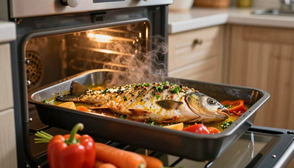 A close-up shot of a beautifully arranged kitchen scene focused on fish being baked in an oven, showcasing a whole carp coated in a rich marinade of herbs and spices. The oven door is slightly ajar, allowing warm, golden light to spill out, highlighting the fish's glossy surface and the steam rising from it. In the foreground, vibrant vegetables like carrots and bell peppers are artfully arranged, indicating a healthy side dish. The kitchen has a warm, inviting atmosphere with wooden cabinetry and soft lighting. The focus is on the fish, with a shallow depth of field blurring the background slightly, creating an intimate culinary moment.