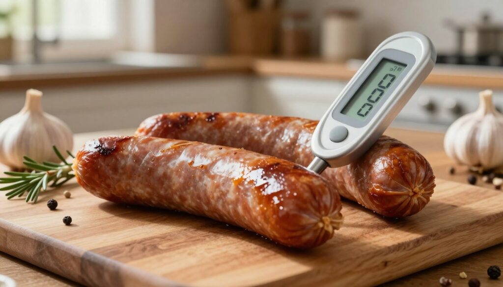 A close-up shot of a perfectly smoked sausage resting on a wooden cutting board, with a digital thermometer inserted to display the internal temperature. The foreground emphasizes the glistening texture of the sausage, showcasing its rich, smoky color and natural casing. In the middle ground, elements like herbs, garlic, and spices are artistically arranged to enhance the culinary theme. The background features a warm kitchen setting with soft, inviting light filtering through a window, creating an atmosphere of homely comfort and culinary mastery. Capture the image from a slightly elevated angle to give depth, focusing on the details of the sausage and the thermometer's reading, conveying a sense of readiness and precision in cooking. A close-up shot of a perfectly smoked sausage resting on a wooden cutting board, with a digital thermometer inserted to display the internal temperature. The foreground emphasizes the glistening texture of the sausage, showcasing its rich, smoky color and natural casing. In the middle ground, elements like herbs, garlic, and spices are artistically arranged to enhance the culinary theme. The background features a warm kitchen setting with soft, inviting light filtering through a window, creating an atmosphere of homely comfort and culinary mastery. Capture the image from a slightly elevated angle to give depth, focusing on the details of the sausage and the thermometer's reading, conveying a sense of readiness and precision in cooking.