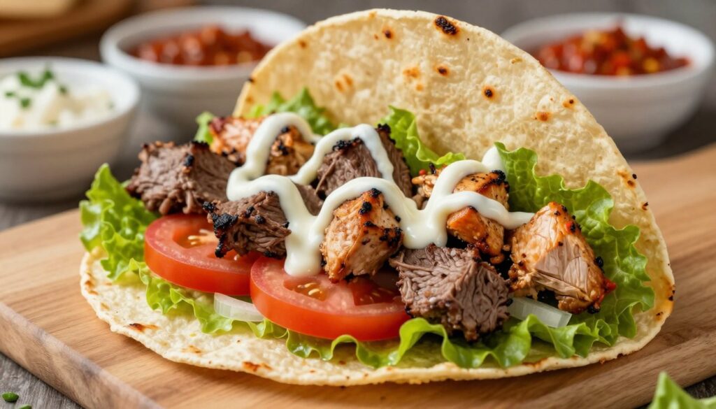 A close-up shot of a vibrant kebab tortilla filled with layers of grilled meats like chicken, beef, and lamb. The tortilla is open, showcasing an array of colorful fresh vegetables such as lettuce, tomatoes, and onions, topped with a drizzle of creamy garlic sauce. In the background, a soft-focus display of additional garnishes and condiments, including spicy chili sauce and a sprinkle of herbs. The lighting is warm and inviting, emphasizing the textures of the ingredients. Shot from a slightly elevated angle, creating a mouthwatering perspective that highlights the deliciousness of the kebab tortilla. The atmosphere is casual and appetizing, perfect for food enthusiasts. A close-up shot of a vibrant kebab tortilla filled with layers of grilled meats like chicken, beef, and lamb. The tortilla is open, showcasing an array of colorful fresh vegetables such as lettuce, tomatoes, and onions, topped with a drizzle of creamy garlic sauce. In the background, a soft-focus display of additional garnishes and condiments, including spicy chili sauce and a sprinkle of herbs. The lighting is warm and inviting, emphasizing the textures of the ingredients. Shot from a slightly elevated angle, creating a mouthwatering perspective that highlights the deliciousness of the kebab tortilla. The atmosphere is casual and appetizing, perfect for food enthusiasts.