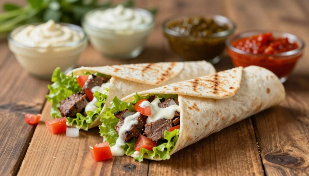 A close-up view of a delicious kebab wrap laid on a rustic wooden table. The kebab is filled with tender grilled meat, fresh lettuce, diced tomatoes, and onions, all generously drizzled with creamy sauces. In the background, an array of colorful condiments like garlic sauce and spicy chili sauce are neatly arranged, enhancing the visual appeal. The setting is warmly lit, creating an inviting atmosphere. The focus is sharp on the kebab, while the background is slightly blurred to emphasize the juicy fillings. A subtle hint of fresh herbs can be seen for added freshness, evoking a sense of savory delight and culinary richness.