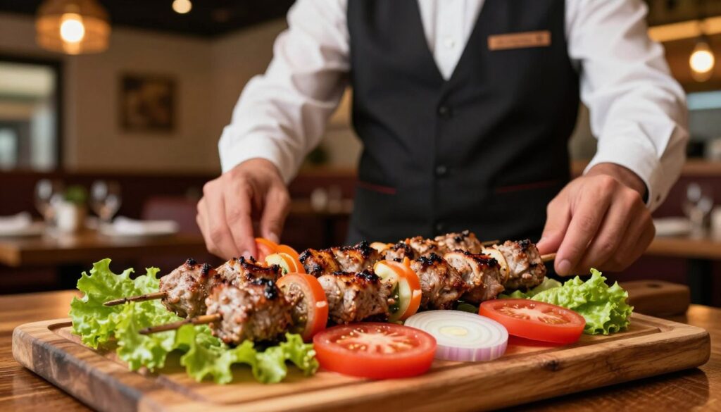 A close-up view of a kebab in a warm, inviting restaurant setting. The foreground features a delicious kebab on a wooden board, with vibrant colors of fresh vegetables like lettuce, tomatoes, and onions, all neatly arranged around it. In the middle ground, a friendly server, dressed in professional business attire, is preparing the kebab with care, showcasing the craftsmanship involved. In the background, subtle details of the restaurant can be seen, including cozy decor and soft lighting that creates a welcoming atmosphere. The overall mood is warm and lively, inviting the viewer to consider the key factors influencing the price and quality of this popular dish. The image has a shallow depth of field, ensuring the kebab and server are beautifully in focus while the background gently blurs.