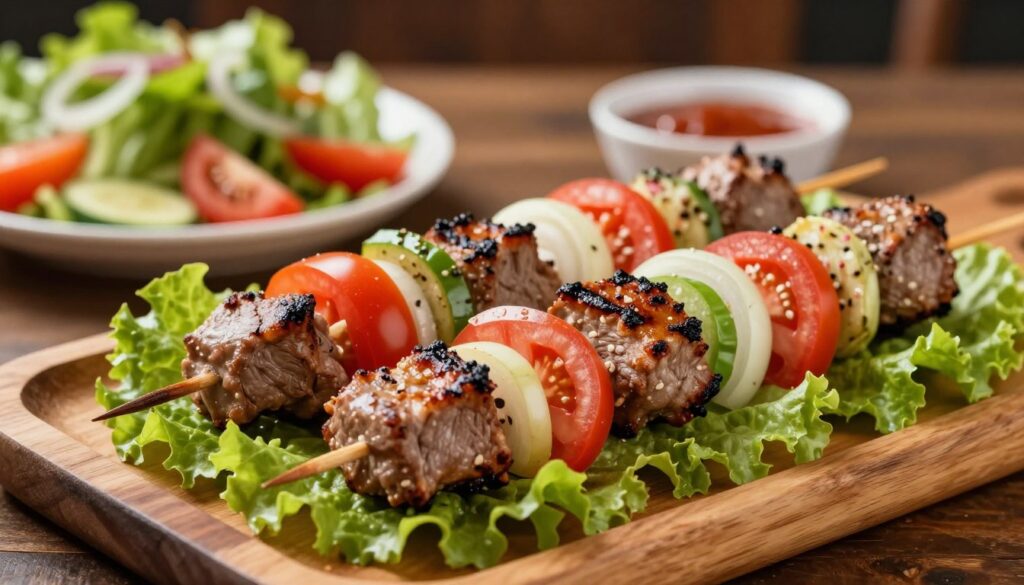 A close-up view of a nutritious kebab, artfully arranged on a wooden platter. The kebab is richly garnished with vibrant vegetables like lettuce, tomatoes, and onions, showcasing its fresh ingredients. In the background, a softly blurred table setting with a salad and sauces gives context to a balanced meal. The lighting is warm and inviting, highlighting the textures of the grilled meat and the freshness of the vegetables. The shot is captured from a slightly elevated angle, emphasizing the kebab’s layers. The atmosphere should be appetizing yet informative, reflecting the topic of nutritional values in everyday diets without any text or additional distractions.