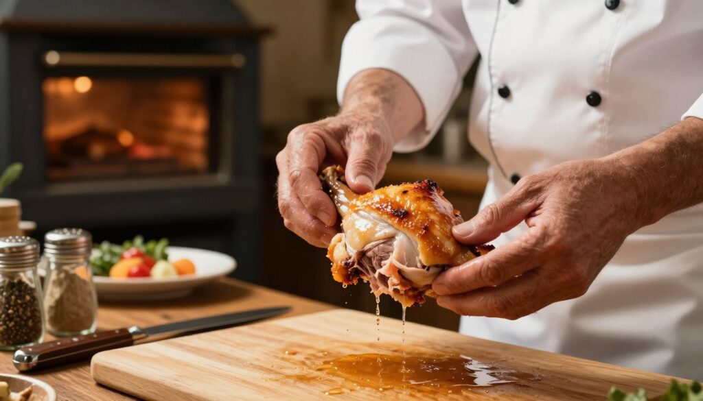 A close-up view of a seasoned chef testing roasted chicken thighs for doneness, hands gently pulling the meat apart to show tenderness, with juices glistening. The foreground features the chef's hands, showcasing a professional kitchen with cutting boards, seasoning jars, and utensils. In the background, a rustic oven with warm lighting creates a cozy atmosphere, while a wooden table holds garnished side dishes. The image should emphasize the texture of the meat, with soft, diffused lighting highlighting the inviting golden-brown crust. The overall mood feels warm and inviting, capturing the essence of culinary mastery and attention to detail in cooking. A close-up view of a seasoned chef testing roasted chicken thighs for doneness, hands gently pulling the meat apart to show tenderness, with juices glistening. The foreground features the chef's hands, showcasing a professional kitchen with cutting boards, seasoning jars, and utensils. In the background, a rustic oven with warm lighting creates a cozy atmosphere, while a wooden table holds garnished side dishes. The image should emphasize the texture of the meat, with soft, diffused lighting highlighting the inviting golden-brown crust. The overall mood feels warm and inviting, capturing the essence of culinary mastery and attention to detail in cooking.