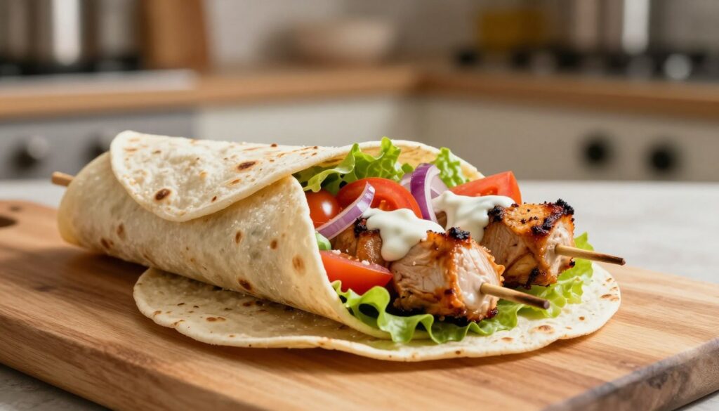 A close-up view of a tantalizing chicken kebab wrapped in a warm tortilla, placed on a clean wooden surface. The kebab is visually rich, showcasing juicy grilled chicken pieces, fresh vegetables like lettuce, tomatoes, and red onions, and creamy sauces, arranged in an appetizing way to highlight their colors. The background features a soft-focus, rustic kitchen environment with warm lighting that creates a cozy atmosphere. Shadows from the natural light stream in, enhancing the textures of the food. The overall mood is inviting and delicious, appealing to readers interested in understanding the caloric content of this dish, with no distractions like text or logos. The image should evoke a sense of hunger and curiosity about its nutritional value. A close-up view of a tantalizing chicken kebab wrapped in a warm tortilla, placed on a clean wooden surface. The kebab is visually rich, showcasing juicy grilled chicken pieces, fresh vegetables like lettuce, tomatoes, and red onions, and creamy sauces, arranged in an appetizing way to highlight their colors. The background features a soft-focus, rustic kitchen environment with warm lighting that creates a cozy atmosphere. Shadows from the natural light stream in, enhancing the textures of the food. The overall mood is inviting and delicious, appealing to readers interested in understanding the caloric content of this dish, with no distractions like text or logos. The image should evoke a sense of hunger and curiosity about its nutritional value.