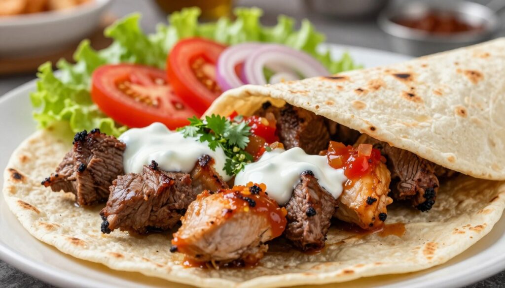 A close-up view of a vibrant and appetizing kebab wrapped in a soft tortilla, showcasing a variety of succulent meats such as grilled chicken, beef, and lamb in the foreground. The meats are glistening with a glossy layer of rich sauces that vary in color, including creamy white yogurt sauce, zesty red salsa, and a hint of green cilantro sauce. In the middle ground, fresh ingredients like crisp lettuce, ripe tomatoes, and sliced onions are neatly arranged, enhancing the meal's appeal. The background features a softly blurred kitchen setting with warm, natural lighting that creates an inviting atmosphere. The focus is sharp on the kebab, highlighting its textures and colors, evoking a sense of craving and satisfaction. The image captures the essence of indulgent yet customizable meals. A close-up view of a vibrant and appetizing kebab wrapped in a soft tortilla, showcasing a variety of succulent meats such as grilled chicken, beef, and lamb in the foreground. The meats are glistening with a glossy layer of rich sauces that vary in color, including creamy white yogurt sauce, zesty red salsa, and a hint of green cilantro sauce. In the middle ground, fresh ingredients like crisp lettuce, ripe tomatoes, and sliced onions are neatly arranged, enhancing the meal's appeal. The background features a softly blurred kitchen setting with warm, natural lighting that creates an inviting atmosphere. The focus is sharp on the kebab, highlighting its textures and colors, evoking a sense of craving and satisfaction. The image captures the essence of indulgent yet customizable meals.