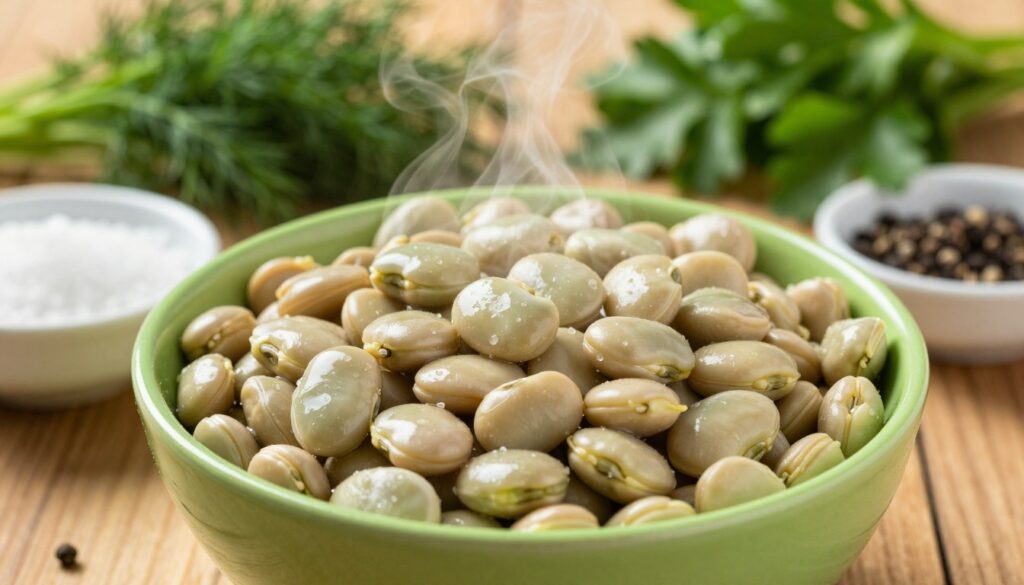 A close-up view of a vibrant, green bowl filled with freshly boiled fava beans (bób) as a quick snack, centered in the foreground. The beans are glossy and have a slightly steamy appearance, showcasing their freshness. Surrounding the bowl, there are small, elegant dishes of spices such as sea salt, black pepper, and fresh herbs like dill and parsley, arranged neatly to enhance the visual appeal. In the background, a wooden table adds warmth to the scene. Soft, natural lighting filters in from the side, creating gentle shadows and highlights on the glossy surface of the beans, evoking a fresh and inviting atmosphere perfect for a light snack.