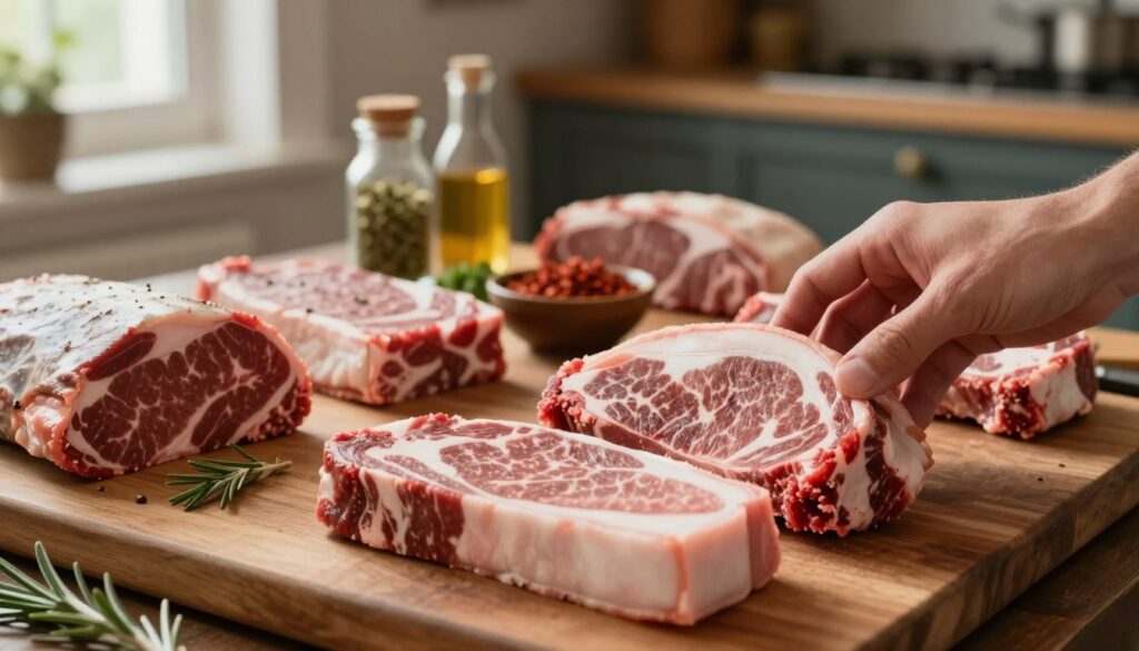 A close-up view of artisan meat displayed on a wooden cutting board, showcasing various types of high-quality meats, including marbled beef and succulent pork. The foreground features a hand gently examining the texture and color of the meat, highlighting its freshness. In the middle, an array of condiments and herbs is artistically arranged to emphasize the quality of the ingredients, with a blurred view of a rustic kitchen in the background. Soft, natural lighting filters through a nearby window, creating a warm and inviting atmosphere. The lens captures rich colors and fine details, focusing on the craft and care involved in selecting high-quality meat, evoking a sense of trust and authenticity in the process. A close-up view of artisan meat displayed on a wooden cutting board, showcasing various types of high-quality meats, including marbled beef and succulent pork. The foreground features a hand gently examining the texture and color of the meat, highlighting its freshness. In the middle, an array of condiments and herbs is artistically arranged to emphasize the quality of the ingredients, with a blurred view of a rustic kitchen in the background. Soft, natural lighting filters through a nearby window, creating a warm and inviting atmosphere. The lens captures rich colors and fine details, focusing on the craft and care involved in selecting high-quality meat, evoking a sense of trust and authenticity in the process.