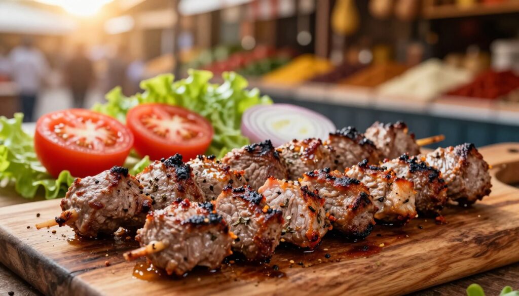A close-up view of expertly grilled kebab meat, showcasing its juicy texture and vibrant colors, set on a rustic wooden table. The foreground features slices of perfectly roasted kebab, glistening with flavorful spices and herbs. In the middle, there are fresh side ingredients like ripe tomatoes, crisp lettuce, and sliced onions, adding a bright contrast to the meat. The background is softly blurred, hinting at a traditional market environment adorned with fresh produce and spices, captured during golden hour for warm, inviting lighting. The overall atmosphere conveys a sense of authenticity and appetizing appeal, inviting the viewer to explore the rich flavors of quality kebab meat. A close-up view of expertly grilled kebab meat, showcasing its juicy texture and vibrant colors, set on a rustic wooden table. The foreground features slices of perfectly roasted kebab, glistening with flavorful spices and herbs. In the middle, there are fresh side ingredients like ripe tomatoes, crisp lettuce, and sliced onions, adding a bright contrast to the meat. The background is softly blurred, hinting at a traditional market environment adorned with fresh produce and spices, captured during golden hour for warm, inviting lighting. The overall atmosphere conveys a sense of authenticity and appetizing appeal, inviting the viewer to explore the rich flavors of quality kebab meat.
