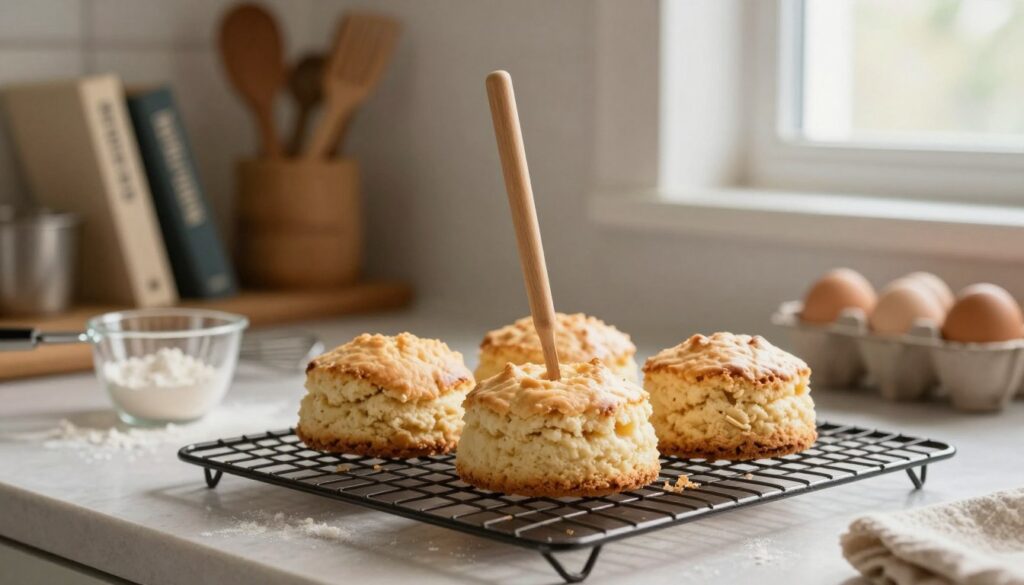 A cozy kitchen scene featuring a freshly baked biscuit cake on a cooling rack. In the foreground, a wooden skewer is inserted into the cake, proving the “dry stick test” with a slightly crumbled texture around the base. The middle ground shows an assortment of baking tools, like measuring cups, flour dusted on the countertop, and eggs in a bowl, hinting at the baking process. Soft, warm lighting illuminates the scene from a window, creating an inviting atmosphere. The background has a rustic shelf with baking books and utensils neatly arranged. The image conveys a sense of home baking, evoking warmth and indulgence. No text or branding present. A cozy kitchen scene featuring a freshly baked biscuit cake on a cooling rack. In the foreground, a wooden skewer is inserted into the cake, proving the “dry stick test” with a slightly crumbled texture around the base. The middle ground shows an assortment of baking tools, like measuring cups, flour dusted on the countertop, and eggs in a bowl, hinting at the baking process. Soft, warm lighting illuminates the scene from a window, creating an inviting atmosphere. The background has a rustic shelf with baking books and utensils neatly arranged. The image conveys a sense of home baking, evoking warmth and indulgence. No text or branding present.