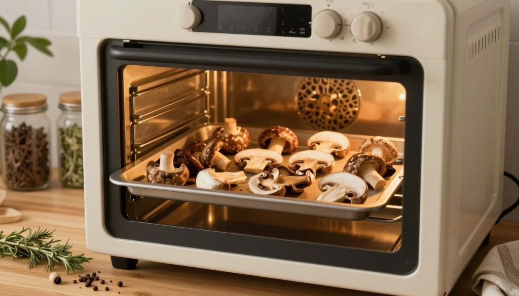 A cozy kitchen scene featuring a modern oven with a tray of freshly sliced mushrooms arranged neatly inside. The mushrooms are a variety of common types, showcasing their natural textures and colors, with a warm golden light emanating from the oven to highlight their freshness. In the foreground, there's a wooden countertop scattered with earthy herbs and spices, and a rustic kitchen towel. The background features soft-focus kitchen elements such as jars of dried herbs and a potted plant, conveying a homely atmosphere. The lighting is warm and inviting, creating a sense of comfort and practicality. The overall mood is serene and nurturing, illustrating the process of oven-drying mushrooms step by step without any text or distractions.