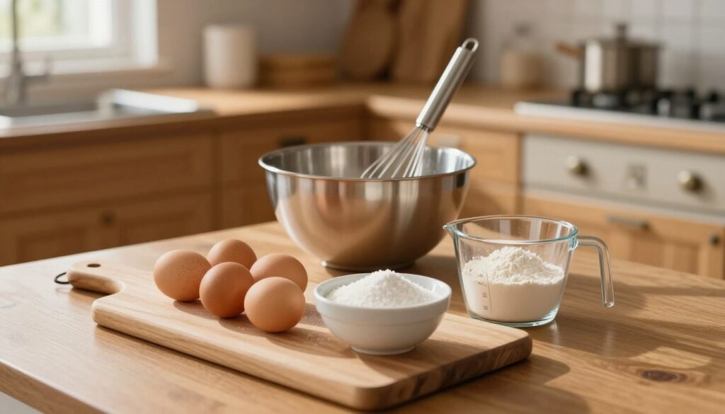 A cozy kitchen scene showcasing the preparation of ingredients for making a sponge cake. In the foreground, a wooden cutting board is adorned with fresh eggs, a bowl of sugar, and a measuring cup of flour, all neatly arranged. The middle ground features a mixing bowl and a whisk poised for action, exuding a sense of anticipation for the baking process. The background reveals a warm, inviting kitchen with wooden cabinets and soft, natural light filtering through a window, casting gentle shadows. The atmosphere is homely and uplifting, suggesting an enjoyable baking experience. The camera angle is slightly above the countertop to capture the details of the ingredients and the cozy kitchen setting. A cozy kitchen scene showcasing the preparation of ingredients for making a sponge cake. In the foreground, a wooden cutting board is adorned with fresh eggs, a bowl of sugar, and a measuring cup of flour, all neatly arranged. The middle ground features a mixing bowl and a whisk poised for action, exuding a sense of anticipation for the baking process. The background reveals a warm, inviting kitchen with wooden cabinets and soft, natural light filtering through a window, casting gentle shadows. The atmosphere is homely and uplifting, suggesting an enjoyable baking experience. The camera angle is slightly above the countertop to capture the details of the ingredients and the cozy kitchen setting.