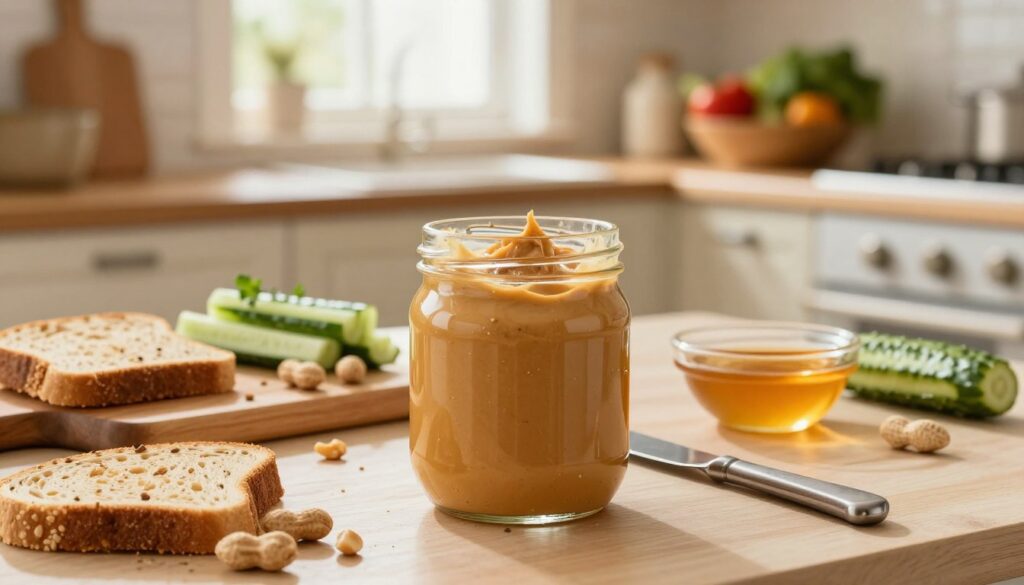 A cozy kitchen setting featuring a jar of creamy peanut butter as the focal point. In the foreground, the glass jar is open, revealing the rich, smooth texture of the peanut butter, with a butter knife resting beside it. Surrounding the jar are various savory accompaniments, including slices of whole-grain bread, fresh cucumber sticks, and a small bowl of honey for contrast. In the middle, a wooden cutting board with scattered peanuts and herbs hints at culinary creativity. The background features warm, soft lighting streaming in through a window, illuminating the wooden cabinets and a bowl of colorful vegetables. The overall atmosphere is inviting and homely, suggesting an inspiring kitchen space for adventurous cooking. A cozy kitchen setting featuring a jar of creamy peanut butter as the focal point. In the foreground, the glass jar is open, revealing the rich, smooth texture of the peanut butter, with a butter knife resting beside it. Surrounding the jar are various savory accompaniments, including slices of whole-grain bread, fresh cucumber sticks, and a small bowl of honey for contrast. In the middle, a wooden cutting board with scattered peanuts and herbs hints at culinary creativity. The background features warm, soft lighting streaming in through a window, illuminating the wooden cabinets and a bowl of colorful vegetables. The overall atmosphere is inviting and homely, suggesting an inspiring kitchen space for adventurous cooking.
