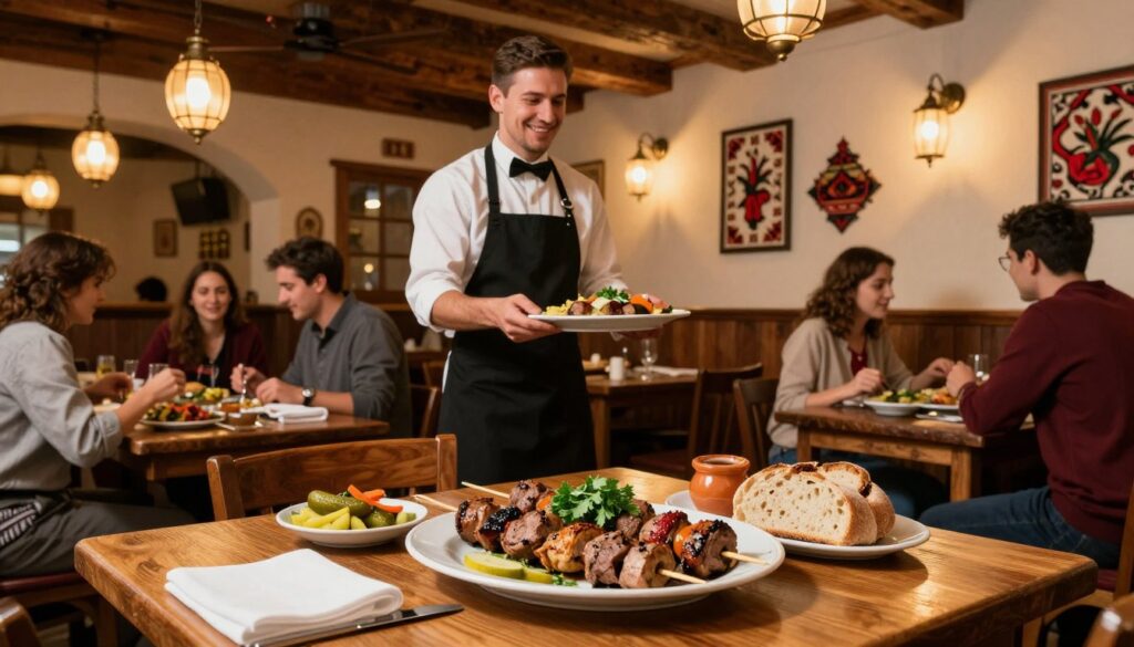 A cozy restaurant interior in Prague, showcasing a traditional Czech atmosphere. In the foreground, a beautifully set wooden table displays a vibrant plate of kebabs, garnished with fresh herbs and accompanied by sides of pickled vegetables and traditional Czech bread. The middle of the image features a cheerful waiter in a smart, casual outfit serving customers, conveying a welcoming ambiance. In the background, warm, soft lighting from vintage-style lamps casts a comforting glow, highlighting rustic wooden beams and traditional Czech decorations on the walls. The scene captures a bustling mealtime, evoking a sense of community and culinary delight. Use a wide-angle lens to emphasize the inviting atmosphere and depth of the restaurant setting. A cozy restaurant interior in Prague, showcasing a traditional Czech atmosphere. In the foreground, a beautifully set wooden table displays a vibrant plate of kebabs, garnished with fresh herbs and accompanied by sides of pickled vegetables and traditional Czech bread. The middle of the image features a cheerful waiter in a smart, casual outfit serving customers, conveying a welcoming ambiance. In the background, warm, soft lighting from vintage-style lamps casts a comforting glow, highlighting rustic wooden beams and traditional Czech decorations on the walls. The scene captures a bustling mealtime, evoking a sense of community and culinary delight. Use a wide-angle lens to emphasize the inviting atmosphere and depth of the restaurant setting.