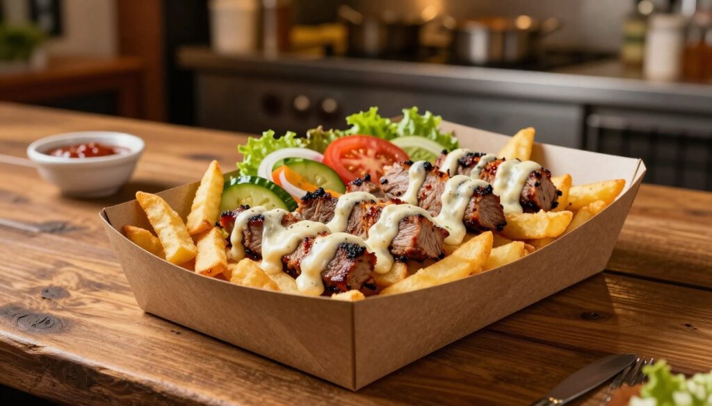 A delicious and visually appealing kebab box positioned prominently in the foreground, filled with golden, crispy fries, marinated grilled meat slices, vibrant vegetables like fresh lettuce, tomatoes, and onions, and drizzled with a rich, creamy sauce. The box is crafted from eco-friendly material, suggesting a modern takeaway style. In the middle ground, a rustic wooden table enhances the ambiance, with warm, inviting lighting creating soft highlights on the food. In the background, a slightly blurred restaurant kitchen setting can be seen, giving a hint of culinary activity. The overall atmosphere is cozy and inviting, perfect for showcasing this popular dish’s calorie content comparison. Shot at a slight top-down angle to capture all elements distinctly, emphasizing the textures and colors of the ingredients.