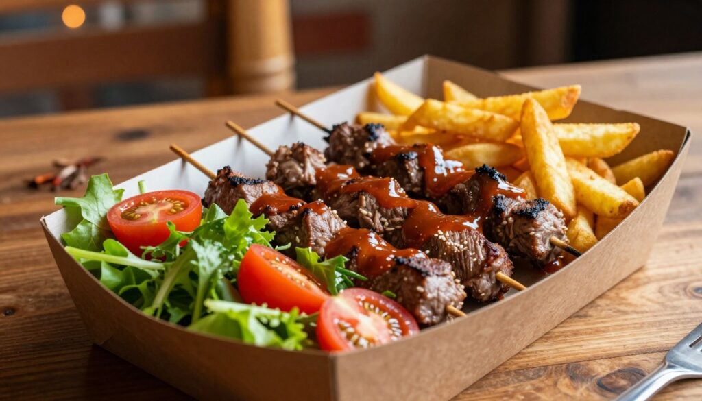 A delicious kebab box filled with crispy fries, tender grilled meat, fresh vegetables, and a drizzle of savory sauce, arranged artfully on a wooden table. In the foreground, focus on the vibrant colors of the ingredients, highlighting the fresh greens, juicy tomatoes, and golden fries. In the middle background, softly blurred to keep the focus on the food, a rustic setting with warm ambient lighting creates a cozy atmosphere. A faint hint of spices and sizzling meat can be sensed, adding to the inviting mood. The camera angle is slightly overhead, emphasizing the variety of textures and colors in the kebab box, with natural lighting enhancing the appetizing look of the dish.