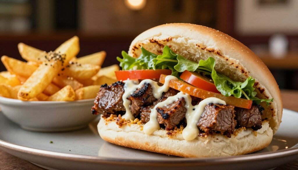 A delicious "kebab bułce" prominently displayed in the foreground, showcasing a soft, fresh bun filled with juicy grilled meat, vibrant fresh vegetables, and a drizzle of creamy sauce. The kebab should appear appetizing and stacked high, emphasizing the textures of the meat and crunch of the vegetables. In the middle ground, a serving of crispy golden fries is presented in a small bowl, with a light sprinkle of seasoning for added flavor. In the soft-focus background, an inviting dining setting with warm, ambient lighting evokes a cozy atmosphere. The image should use natural light to highlight the freshness of the ingredients, captured at a slight angle to provide depth and a sense of delicious indulgence in a professional and appealing manner.
