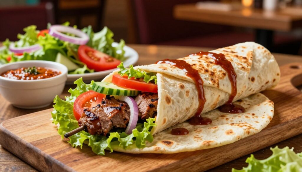 A delicious kebab rollo displayed prominently in the foreground, showcasing its juicy grilled meat, fresh vegetables, and drizzled sauces, all wrapped in soft, warm flatbread. The vibrant colors of the fresh ingredients—crisp lettuce, ripe tomatoes, and colorful onions—contrast beautifully with the warm golden-brown of the kebab. In the middle ground, a table setting with a side of spicy dip and a fresh salad enhances the appetizing scene. The background features a cozy restaurant ambiance, with soft lighting casting a warm glow, emphasizing the dish's inviting nature. Captured from a slightly elevated angle, the image conveys a sense of indulgence and satisfaction, making it perfect for illustrating calorie information about kebab rollo portions. A delicious kebab rollo displayed prominently in the foreground, showcasing its juicy grilled meat, fresh vegetables, and drizzled sauces, all wrapped in soft, warm flatbread. The vibrant colors of the fresh ingredients—crisp lettuce, ripe tomatoes, and colorful onions—contrast beautifully with the warm golden-brown of the kebab. In the middle ground, a table setting with a side of spicy dip and a fresh salad enhances the appetizing scene. The background features a cozy restaurant ambiance, with soft lighting casting a warm glow, emphasizing the dish's inviting nature. Captured from a slightly elevated angle, the image conveys a sense of indulgence and satisfaction, making it perfect for illustrating calorie information about kebab rollo portions.