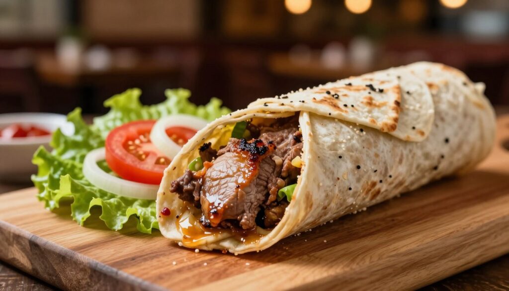 A detailed, close-up view of a kebab rollo showcasing its caloric ingredients, beautifully arranged on a wooden cutting board. The focus is on the juicy meat inside the roll, perhaps chicken or lamb, glistening under soft, warm lighting to enhance its appetizing appearance. Include fresh vegetables like lettuce, tomatoes, and onions peeking out, adding vibrant colors. In the background, a blurred view of a cozy restaurant setting with an inviting atmosphere, perhaps with warm ambient lighting. The image portrays a sense of appetite and culinary delight, capturing the essence of kebab rollo’s caloric profile in a visually appealing manner. The composition should have a slight top-down angle to emphasize the freshness and allure of the dish. A detailed, close-up view of a kebab rollo showcasing its caloric ingredients, beautifully arranged on a wooden cutting board. The focus is on the juicy meat inside the roll, perhaps chicken or lamb, glistening under soft, warm lighting to enhance its appetizing appearance. Include fresh vegetables like lettuce, tomatoes, and onions peeking out, adding vibrant colors. In the background, a blurred view of a cozy restaurant setting with an inviting atmosphere, perhaps with warm ambient lighting. The image portrays a sense of appetite and culinary delight, capturing the essence of kebab rollo’s caloric profile in a visually appealing manner. The composition should have a slight top-down angle to emphasize the freshness and allure of the dish.