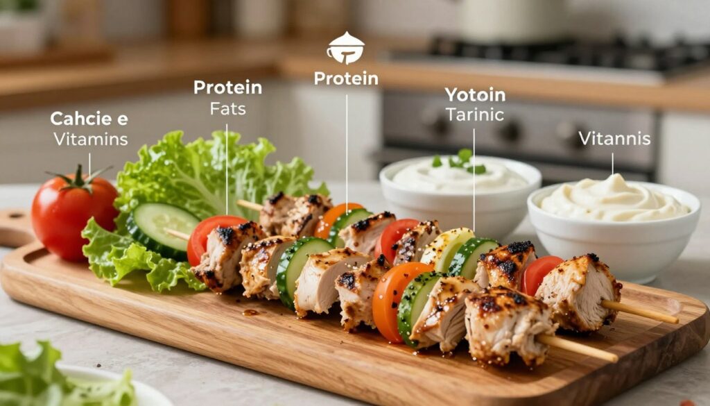 A detailed nutritional infographic showcasing the healthy components of a kebab, prominently featuring vibrant, colorful ingredients like sliced grilled chicken, fresh vegetables such as lettuce, tomatoes, and cucumbers. The foreground displays a kebab on a wooden platter, with clear labels or icons indicating calorie content, protein, fats, and vitamins. In the middle background, bowls of sauces such as yogurt and tahini are artistically arranged. Soft, warm lighting creates an inviting atmosphere, emphasizing the freshness of the ingredients, while a blurred kitchen setting provides a cozy context. The overall mood is informative and engaging, perfect for illustrating nutritional values in a daily diet. No text or branding present in the image.