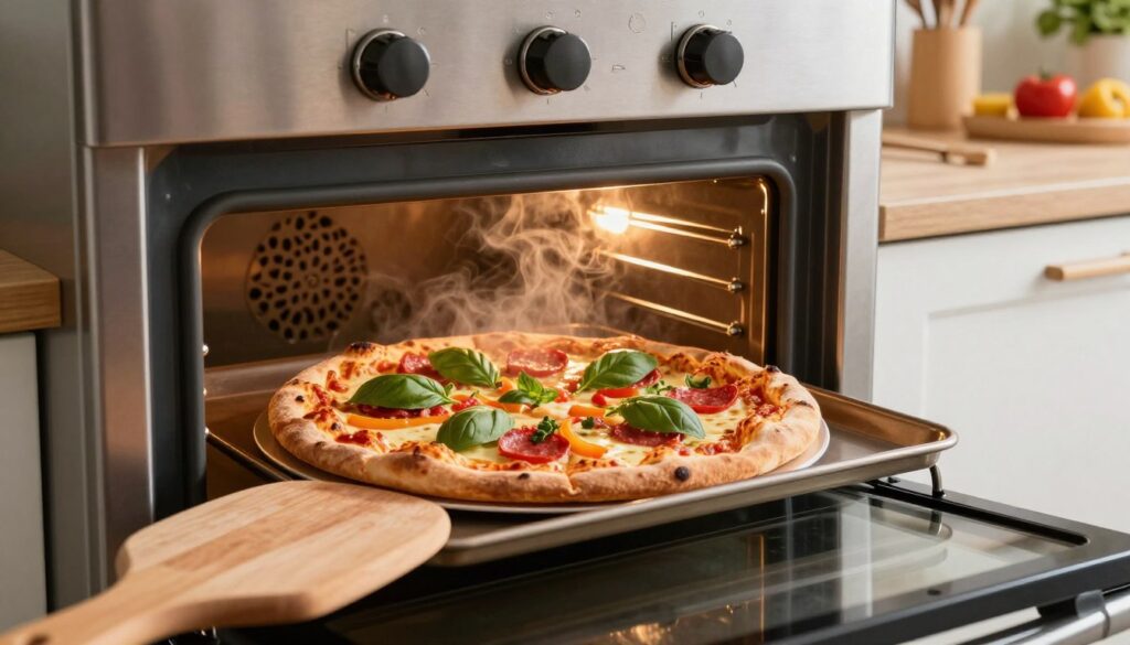 A freshly baked pizza emerges from a shining, modern home oven, revealing a golden, perfectly crisp crust, bubbling cheese, and vibrant toppings like fresh basil, pepperoni, and bell peppers. In the foreground, a wooden pizza peel rests beside the oven, while the middle ground showcases the oven door slightly ajar, steam gently wafting into the air. The warm, inviting glow of the oven light highlights the pizza, enhancing its appetizing qualities. In the background, a stylish kitchen setting is visible, featuring utensils and ingredients artfully arranged, with soft, natural lighting simulating a cozy cooking atmosphere. The colors are rich and vibrant to evoke a sense of warmth and satisfaction. A freshly baked pizza emerges from a shining, modern home oven, revealing a golden, perfectly crisp crust, bubbling cheese, and vibrant toppings like fresh basil, pepperoni, and bell peppers. In the foreground, a wooden pizza peel rests beside the oven, while the middle ground showcases the oven door slightly ajar, steam gently wafting into the air. The warm, inviting glow of the oven light highlights the pizza, enhancing its appetizing qualities. In the background, a stylish kitchen setting is visible, featuring utensils and ingredients artfully arranged, with soft, natural lighting simulating a cozy cooking atmosphere. The colors are rich and vibrant to evoke a sense of warmth and satisfaction.