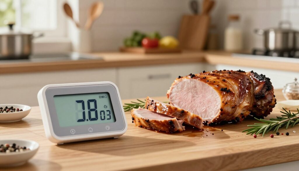 A high-quality kitchen scene showcasing a modern digital kitchen thermometer placed next to a beautifully cooked pork loin, sliced to reveal its juicy interior. The foreground features the thermometer prominently, with its sleek design and clear digital display showing the ideal temperature. In the middle, the sumptuous sliced pork loin glistens under warm, inviting lighting, surrounded by fresh herbs and seasonings. The background includes a well-organized kitchen counter with cooking utensils and ingredients, all bathed in soft, natural light that conveys a sense of warmth and homeliness. The atmosphere is cozy and inviting, capturing the essence of home cooking and the precision of using a kitchen thermometer for perfect results.