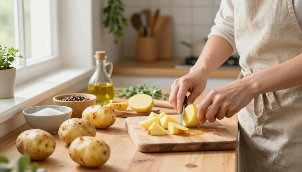 A kitchen scene showcasing the preparation of potatoes before baking, capturing a variety of whole and diced potatoes on a wooden countertop. In the foreground, a person wearing a modest apron is peeling and cutting potatoes, with a focused expression. Bright, natural light filters through a nearby window, creating a warm, inviting atmosphere. In the middle, there are bowls with different seasonings, including salt and pepper, and a small pot of olive oil. The background features a neatly arranged kitchen with herbs hanging and utensils on display. The overall mood is homey and cheerful, emphasizing the care taken in preparing the potatoes for a perfect bake, ensuring they turn out crispy on the outside and soft on the inside. A kitchen scene showcasing the preparation of potatoes before baking, capturing a variety of whole and diced potatoes on a wooden countertop. In the foreground, a person wearing a modest apron is peeling and cutting potatoes, with a focused expression. Bright, natural light filters through a nearby window, creating a warm, inviting atmosphere. In the middle, there are bowls with different seasonings, including salt and pepper, and a small pot of olive oil. The background features a neatly arranged kitchen with herbs hanging and utensils on display. The overall mood is homey and cheerful, emphasizing the care taken in preparing the potatoes for a perfect bake, ensuring they turn out crispy on the outside and soft on the inside.