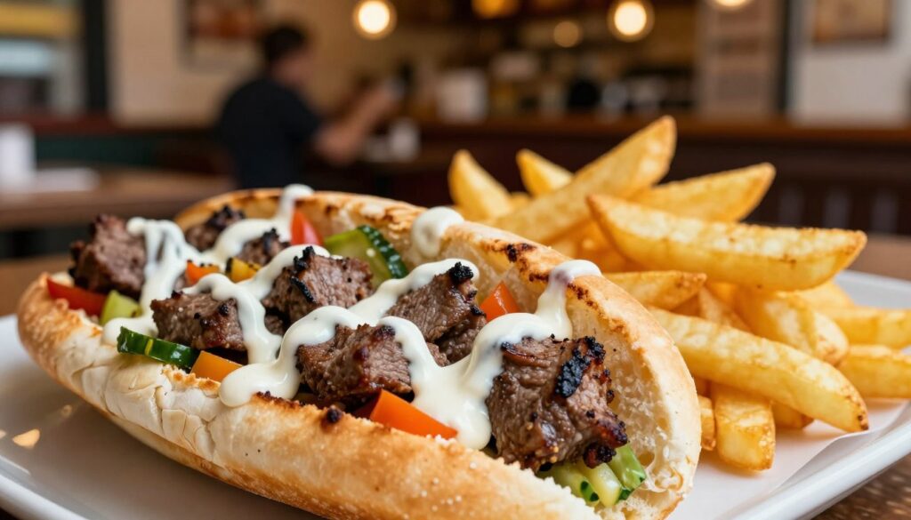 A mouth-watering kebab served in a freshly baked bread roll, filled with succulent pieces of marinated meat, vibrant fresh vegetables, and drizzled with a creamy white sauce. The foreground highlights the detailed textures of the kebab, showcasing the golden-brown crust of the bread and the rich colors of the ingredients. In the middle ground, a side of crispy golden fries sits artfully arranged next to the kebab, emphasizing the meal's enticing presentation. In the background, a blurred but inviting scene of a casual eatery setting, warm lighting creates a cozy atmosphere, suggesting a friendly dining experience. Use a close-up angle to bring focus to the kebab and fries while maintaining a soft bokeh effect in the background, creating a sense of warmth and satisfaction.