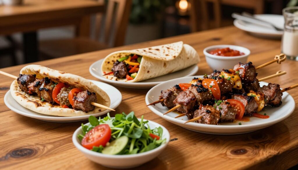 A mouthwatering display of three types of kebabs on a rustic wooden table, showcasing different serving styles: a kebab in a soft, toasted pita bread, another neatly wrapped in a warm tortilla, and a generous portion served on a plate, accompanied by fresh vegetables and sauces. In the foreground, emphasize the vibrant colors of the ingredients, like crisp greens, juicy tomatoes, and savory meats glistening under warm, natural lighting. The middle area features an inviting, slightly blurred background of a casual dining environment with hints of other dishes and ambient light. The angle should be slightly overhead, capturing the delicious details while creating a cozy, appetizing atmosphere, evoking a sense of indulgence and comfort in these popular kebab servings. A mouthwatering display of three types of kebabs on a rustic wooden table, showcasing different serving styles: a kebab in a soft, toasted pita bread, another neatly wrapped in a warm tortilla, and a generous portion served on a plate, accompanied by fresh vegetables and sauces. In the foreground, emphasize the vibrant colors of the ingredients, like crisp greens, juicy tomatoes, and savory meats glistening under warm, natural lighting. The middle area features an inviting, slightly blurred background of a casual dining environment with hints of other dishes and ambient light. The angle should be slightly overhead, capturing the delicious details while creating a cozy, appetizing atmosphere, evoking a sense of indulgence and comfort in these popular kebab servings.