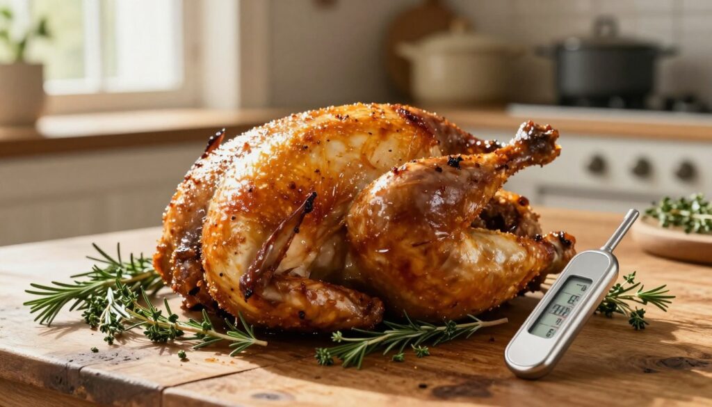 A perfectly roasted chicken sitting on a rustic wooden table, surrounded by an elegant display of herb sprigs like rosemary and thyme. The chicken has a golden, crispy skin glistening with savory juices, suggesting a delectable texture. In the foreground, a meat thermometer delicately inserted, readout showing an optimal temperature for juicy meat. Soft, warm, natural light streams from a nearby window, casting soft shadows that emphasize the chicken’s rich color and inviting appearance. In the background, a blurred kitchen setting with traditional cookware adds a cozy atmosphere. The focus is on the delicious roast, making it the centerpiece of this culinary scene. The overall mood is warm and inviting, ideal for home cooking enthusiasts. A perfectly roasted chicken sitting on a rustic wooden table, surrounded by an elegant display of herb sprigs like rosemary and thyme. The chicken has a golden, crispy skin glistening with savory juices, suggesting a delectable texture. In the foreground, a meat thermometer delicately inserted, readout showing an optimal temperature for juicy meat. Soft, warm, natural light streams from a nearby window, casting soft shadows that emphasize the chicken’s rich color and inviting appearance. In the background, a blurred kitchen setting with traditional cookware adds a cozy atmosphere. The focus is on the delicious roast, making it the centerpiece of this culinary scene. The overall mood is warm and inviting, ideal for home cooking enthusiasts.